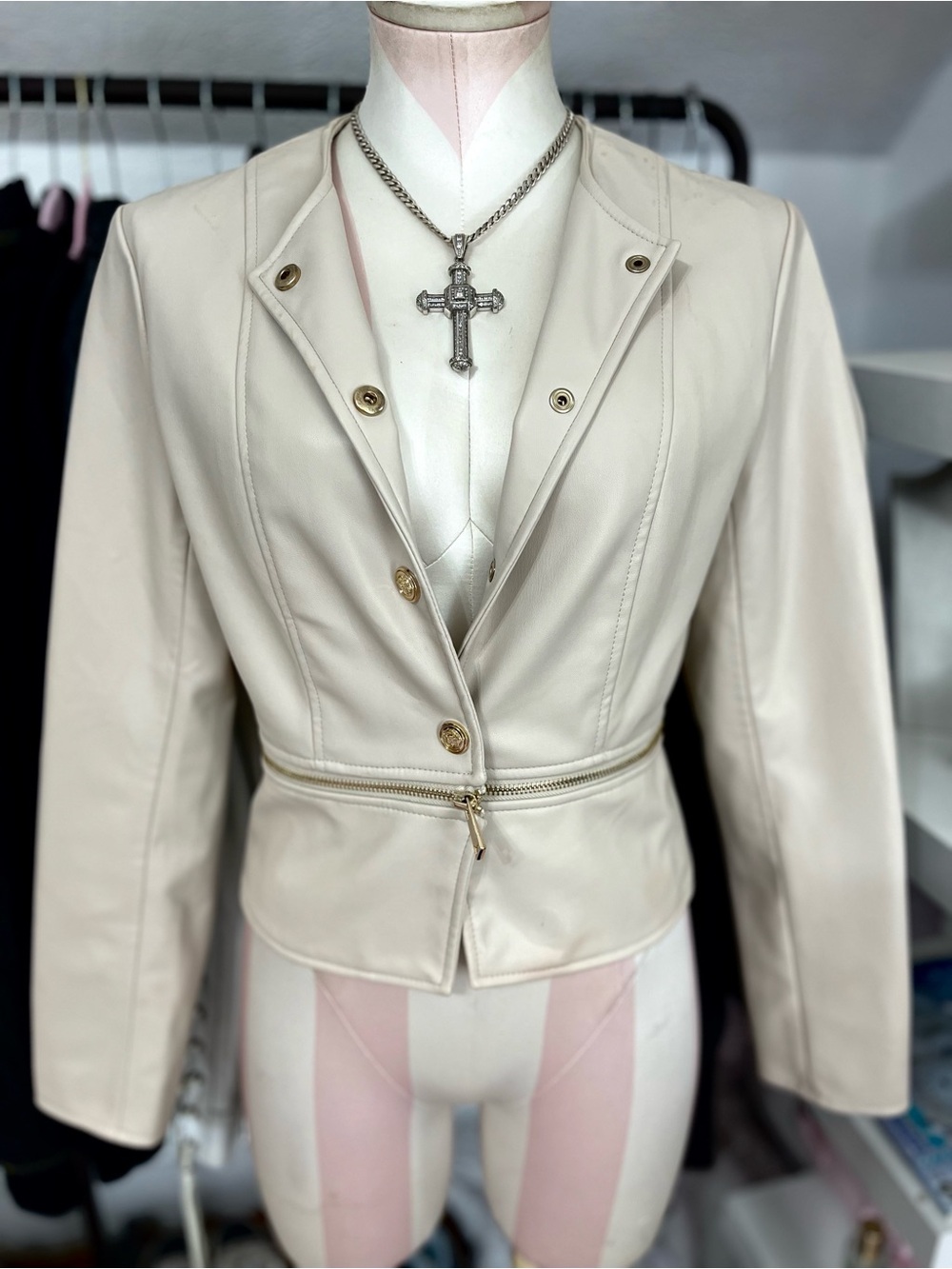Zara Cream Fitted Zip-Peplum Faux Leather Blazer
